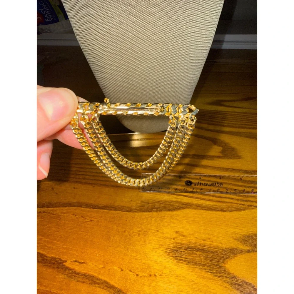 Gold Tone Triple Tier Curb Chain Swag Brooch Statement Lapel Pin